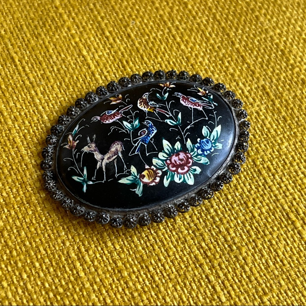 Antique Persian Silver Figural Porcelain Hand Painted Birds Flowers Deer Brooch